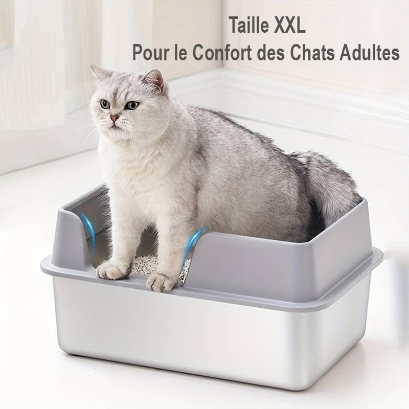 Bac à litière Acier Inoxydable XXL Anti-Éclaboussure (Inclus Pelle de Nettoyage)