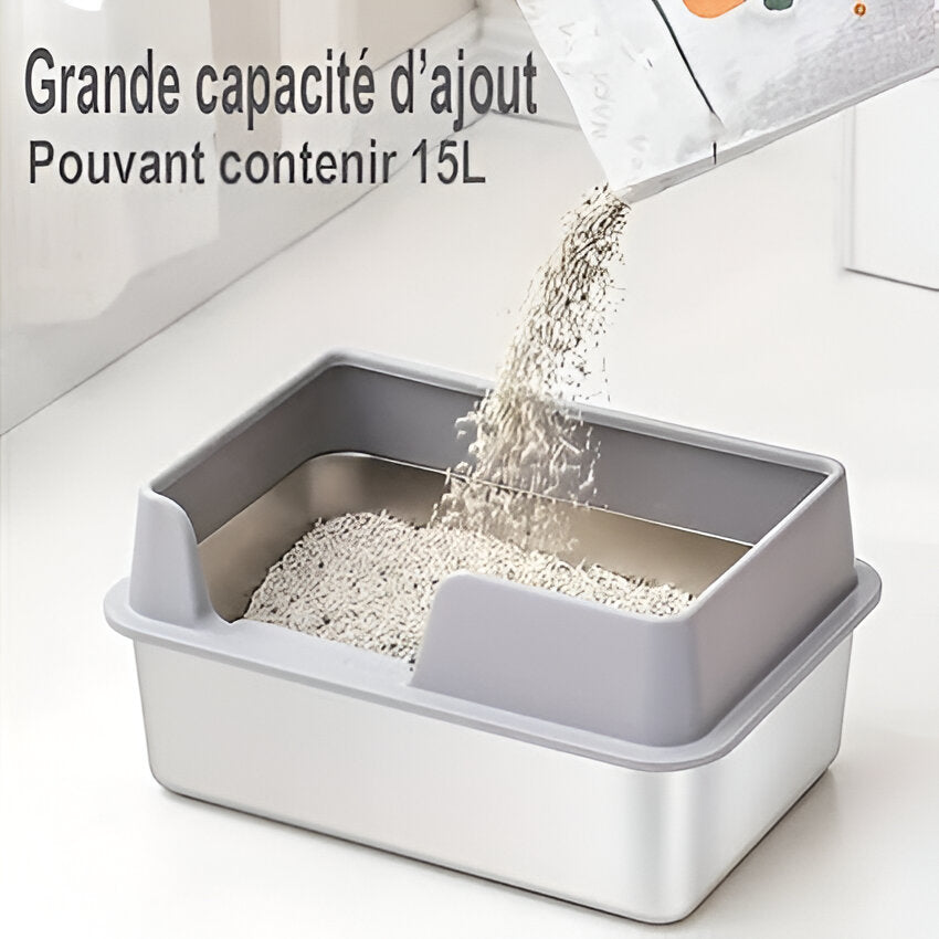 Bac à litière Acier Inoxydable XXL Anti-Éclaboussure (Inclus Pelle de Nettoyage)