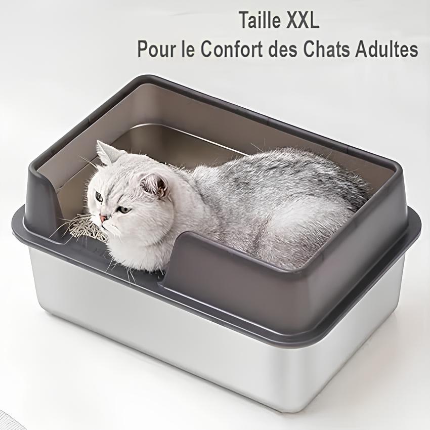 Bac à litière Acier Inoxydable XXL Anti-Éclaboussure (Inclus Pelle de Nettoyage)